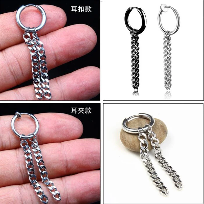 new punk black cool double chain stud earrings piercings for women &amp men personality non piercing fake fashion jewelry | Украшения и