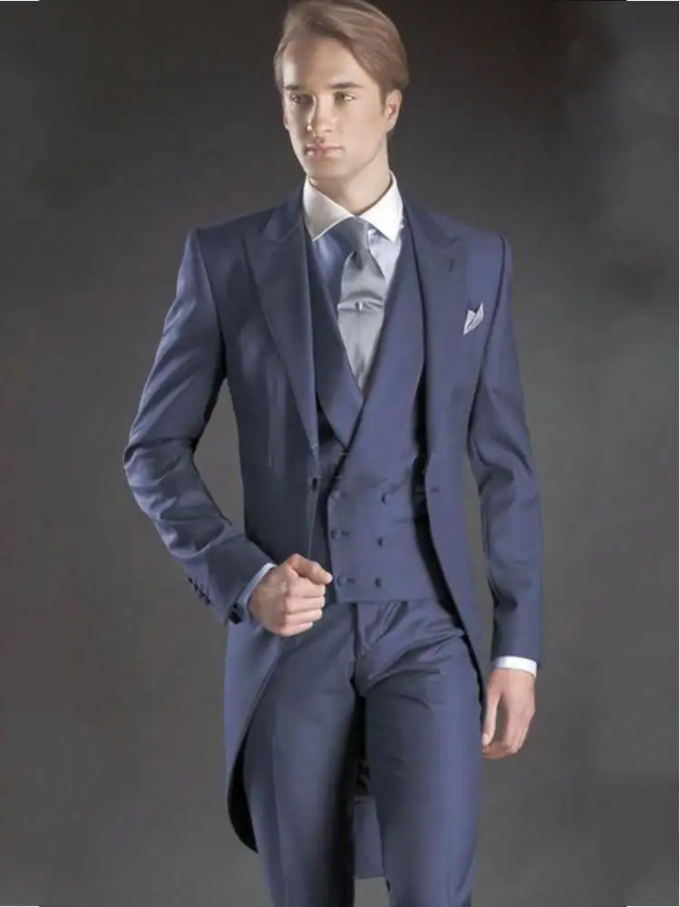 Morning Style Navy Blue Men Prom Dress Work Business Suits Coat Waistcoat Trousers Sets Customize (Jacket+Pants+Vest+Tie) K:1296