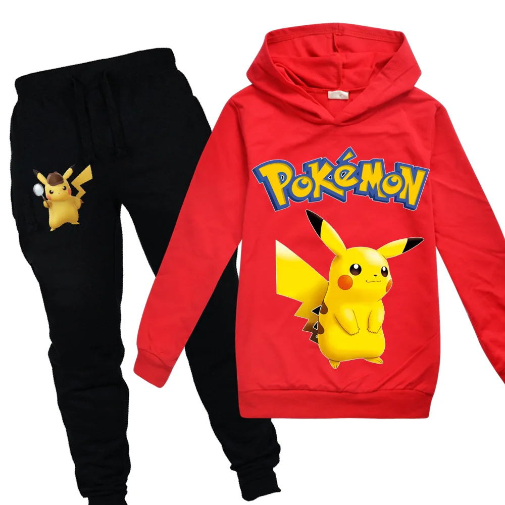 POKEMON GO Detective Pikachu/детская одежда для мальчиков и девочек осенний Свитшот комплект из 2 предметов, хлопковые спортивные толстовки с длинными рукавами и рисунком, Комплект футболок