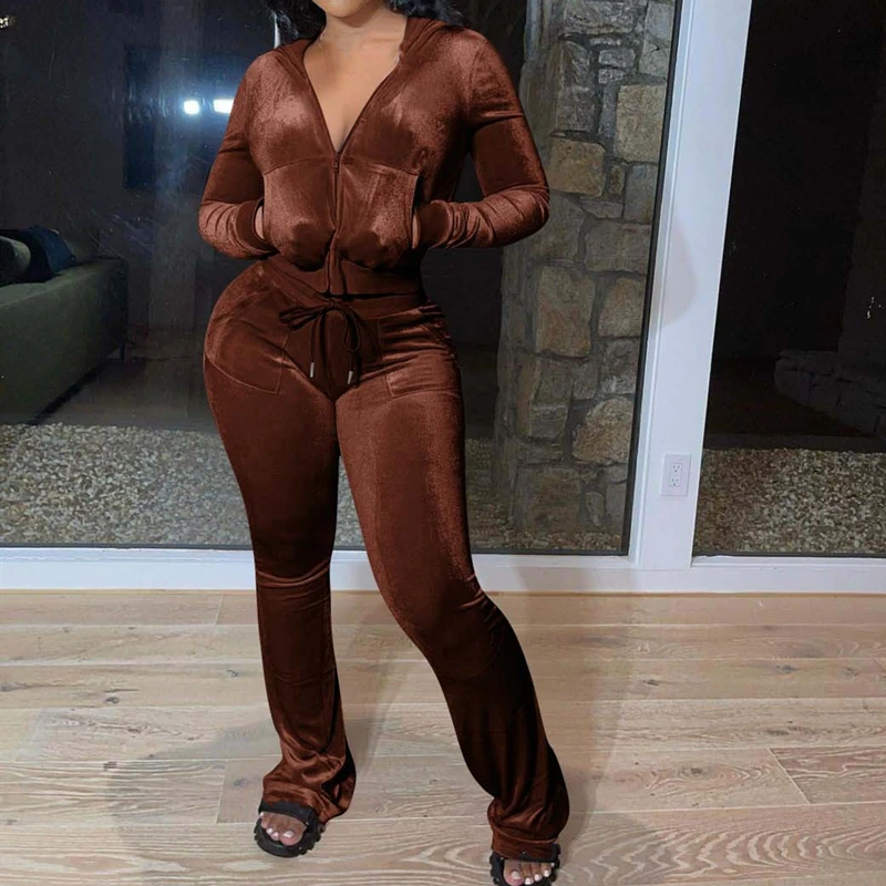 Женский винтажный Бархатный спортивный костюм повседневный однотонный из двух