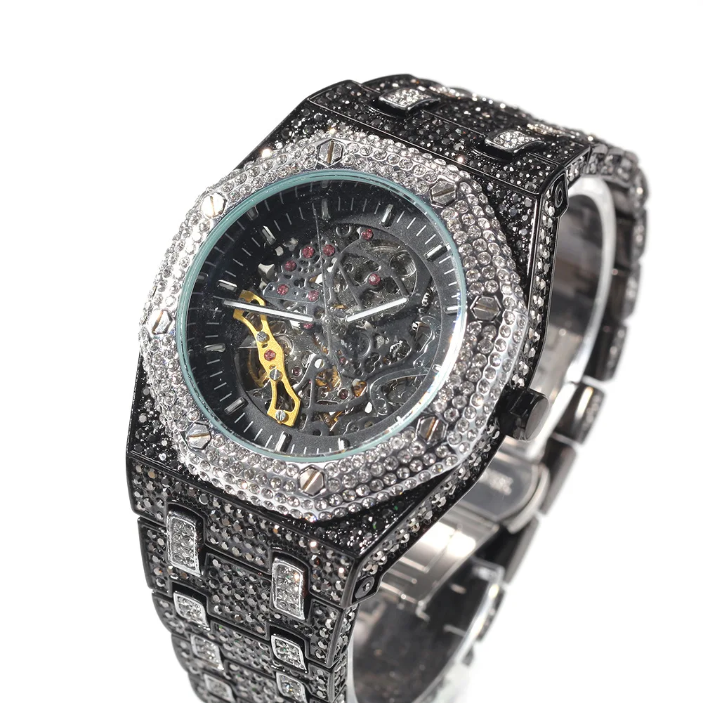 

MISSFOX Hip Hop Automatic Mechanical Top Brand Luxury Mens Watches White Gold Male Watch Original Stainless Steel Iced Out Watch