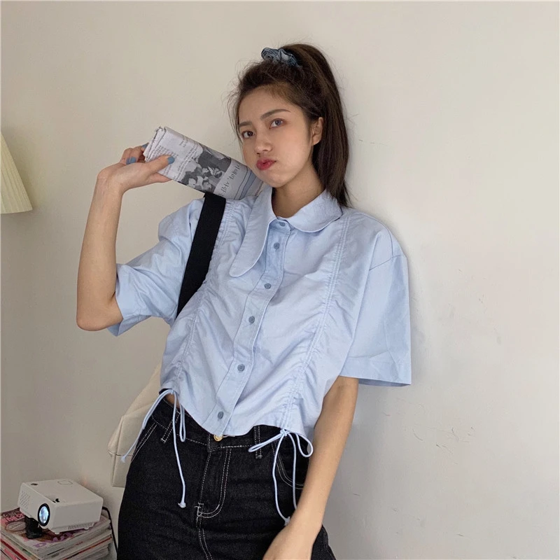

Loose Crop Top Turn-down Collar Blouses Solid Women's Clothing Korean Summer Style Ladies Shirts Fashion Blusas Mujer De Moda