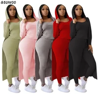 gsuwoo womens long sleeve three piece set autumn winter ribbed hooded long jacket vest pencil pants outfits casual clothing
