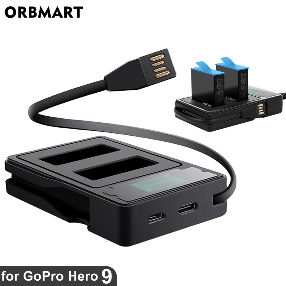 Orbmart para Gopro Carregador de Bateria Dupla com Display Carregamento para go Hero Preto Porta Cabo Pro Gopro9 Hero9 Acessórios 9 Lcd