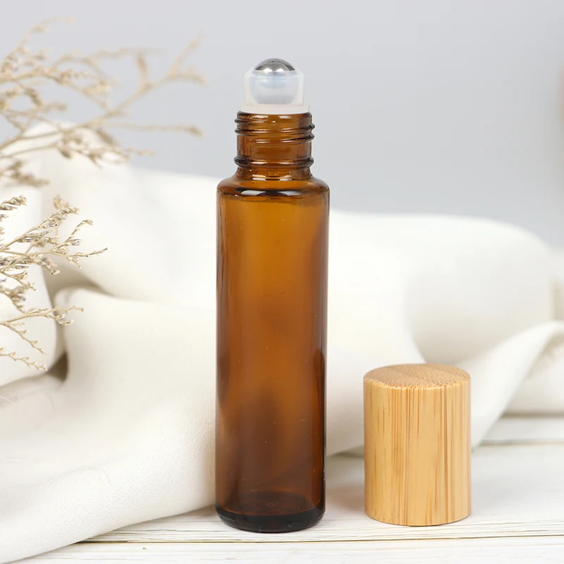 

Amber Glass Roll On Bottle Empty Vials with Stainless Steel Metal Roller Ball for Essential Oils Perfume Aromatherapy Bamboo Cap