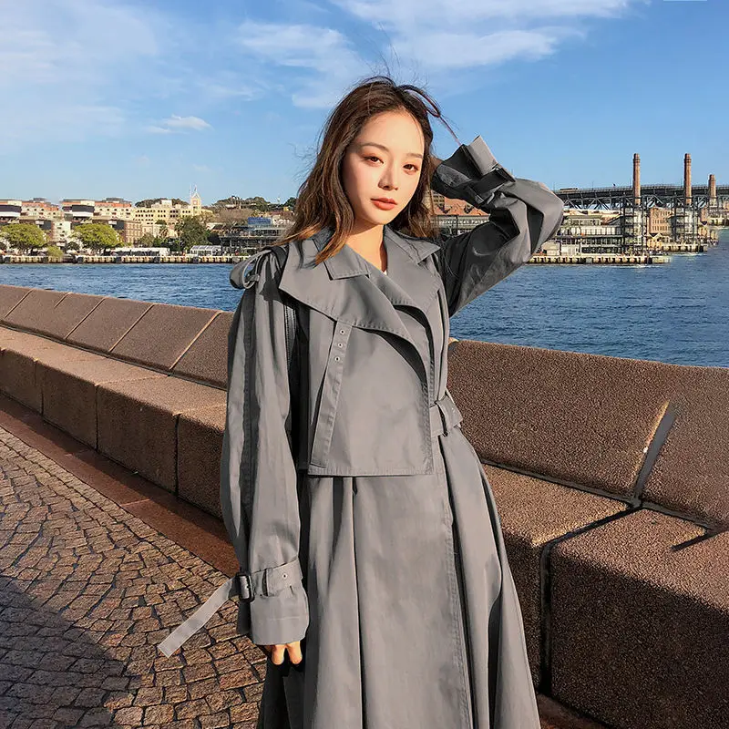 

Women's Windbreaker Spring Autumn 2021 New Korean Loose Long Fashion Belted Lapel Solid Trench Coat Female Plus Size Outwear