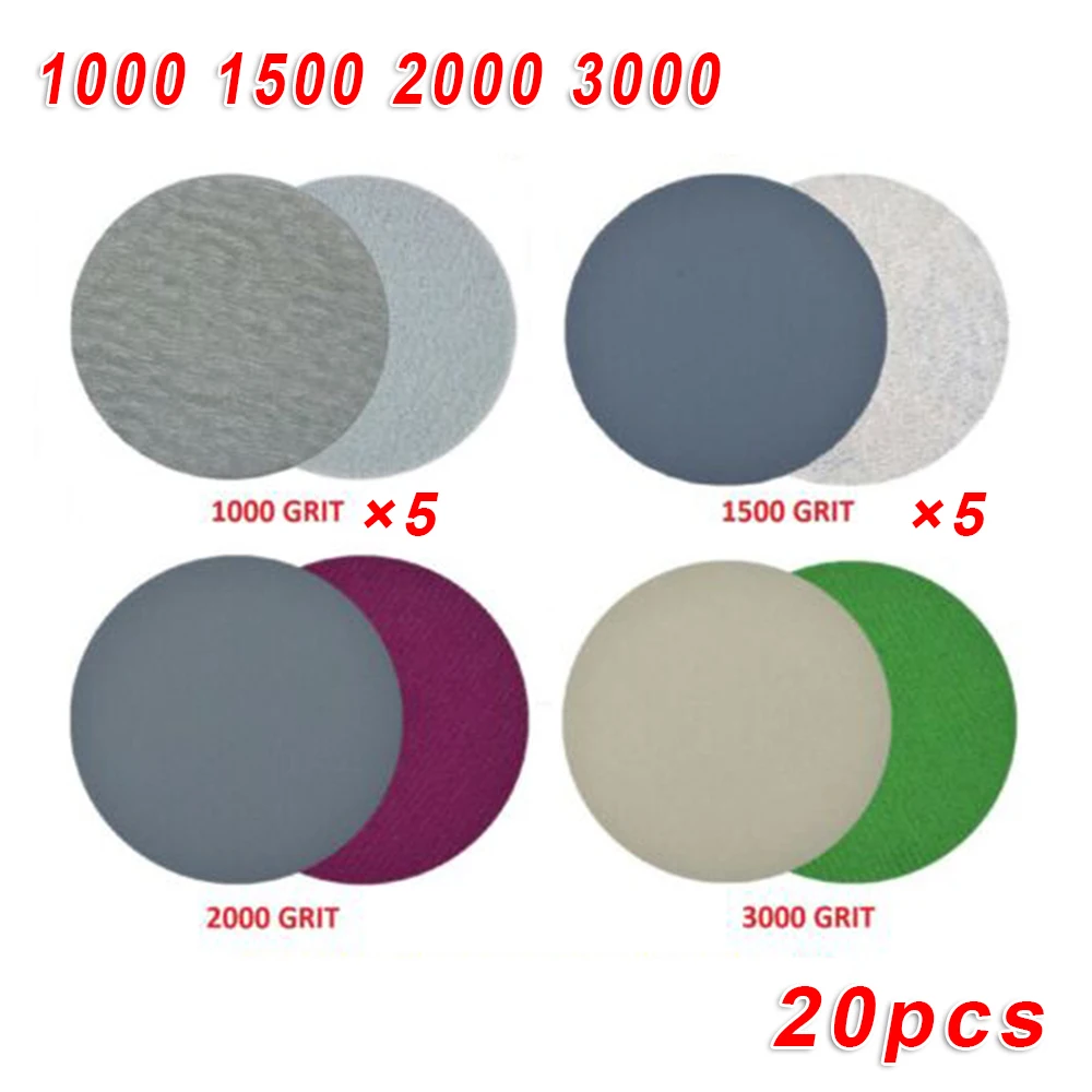 

20Pcs 3"/5" Hook Loop Wet Dry Sanding paper Sand Pads Set 1000/1500/2000/3000 Grit Sander Disc Abrasives for polish machine