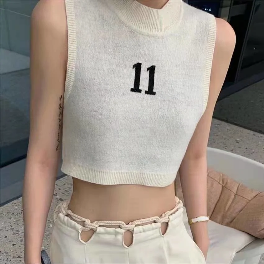 

Модный повседневный брендовый вязаный жилет We11done Number 11 с принтом, футболка без рукавов, женская одежда, укороченный топ Y2k, кавайная уличная ...