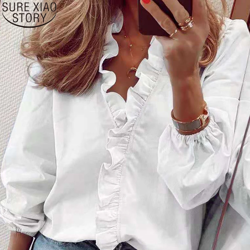 

Женская блуза с длинным рукавом, V-образным вырезом и воланом