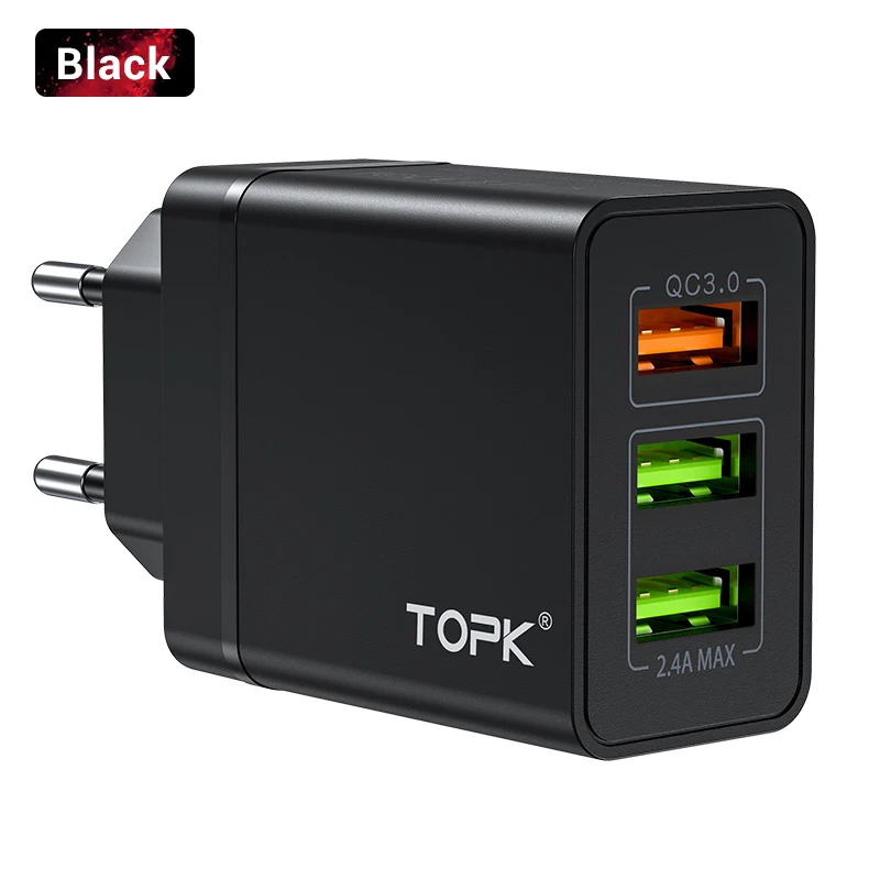 3 Port Charger Black TOPK USB зарядное устройство Быстрая зарядка 3,0 Быстрая зарядка QC3.0 Мульти USB зарядное устройство для samsung S10 Plus Xiaomi дорожное настенное зарядное устройство для телефона EU - Тип штекера: 3 Port Charger Black