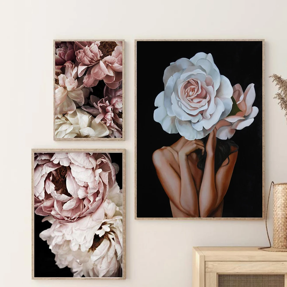 

Wall Art Flower Head Women Peony Posters and Prints Figure Canvas Painting Girls Flower Picture for Living Room Bedroom Nordic