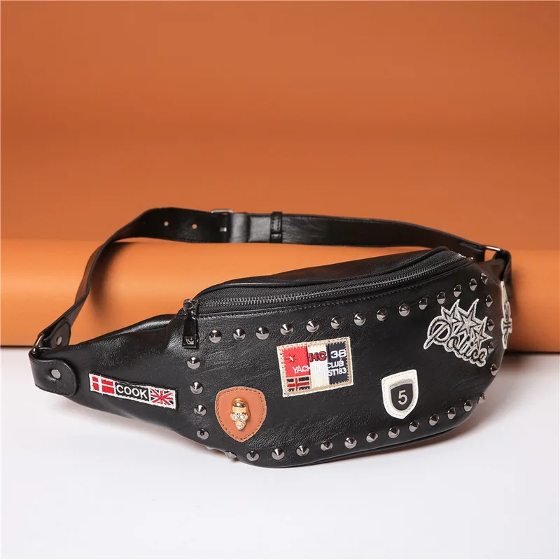 

Diinovivo Rivet Women Men Waist Bags Punk Skull Badge Pattern Chest Bags Rock Couples Fanny Pack PU Leather Women Bag WHDV1876