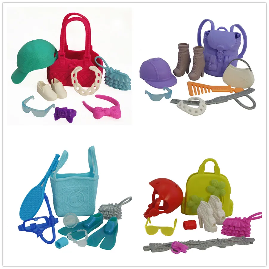 Аксессуары для кукол 9шт./лот/сумка + обувь шляпа очки ремень расческа ожерелье