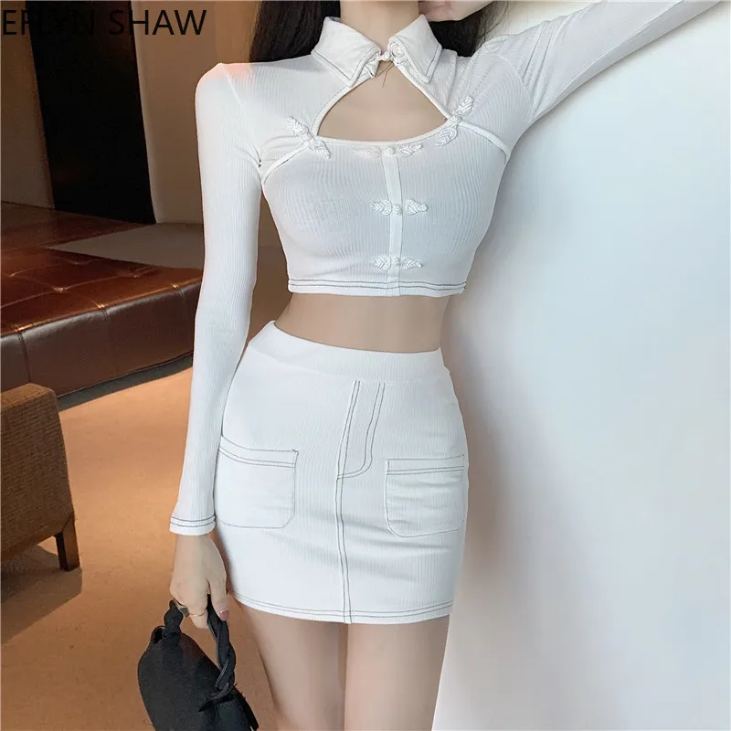 

Сексуальный комплект из двух предметов Клубная одежда Женский кроп Топ и комплект с мини-юбкой, китайский Стиль комплект из футболки с длин...