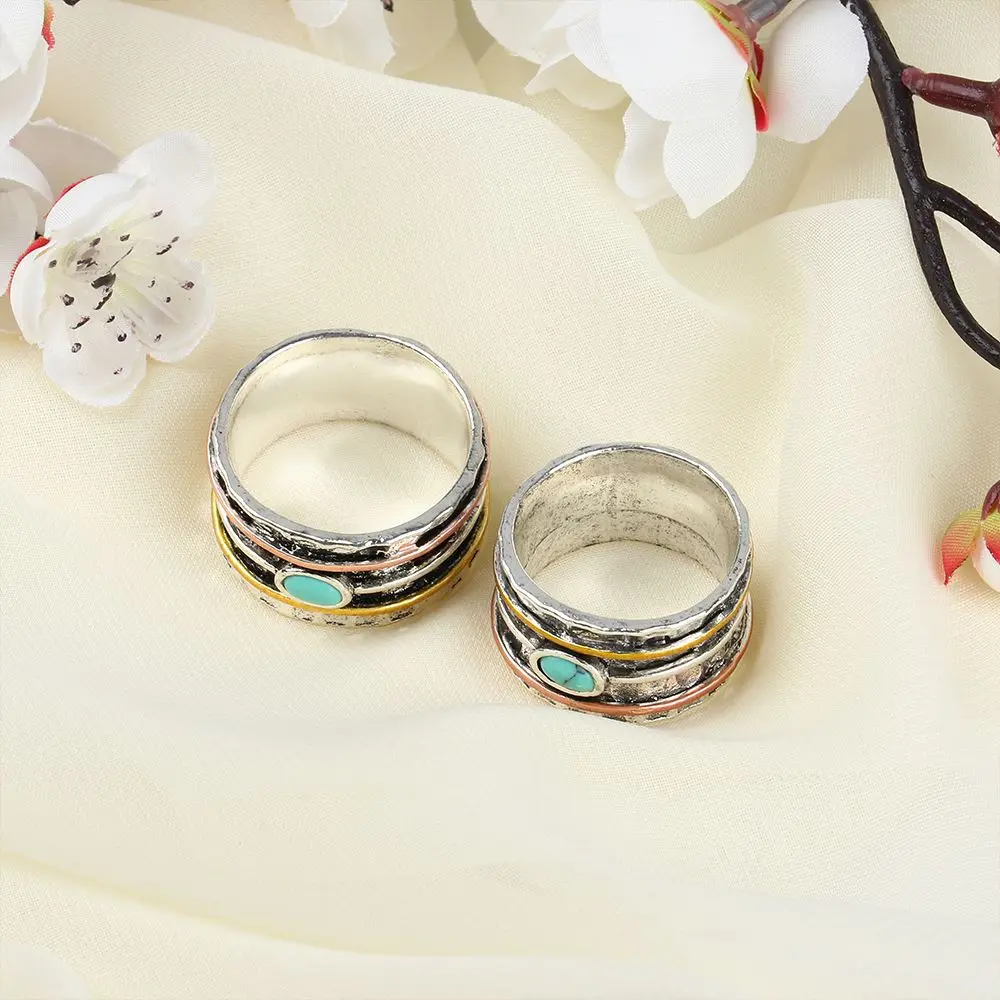

New Two Tone Design Jewelry Inlaid Oval Retro Bohemian Width Ring Green Stone