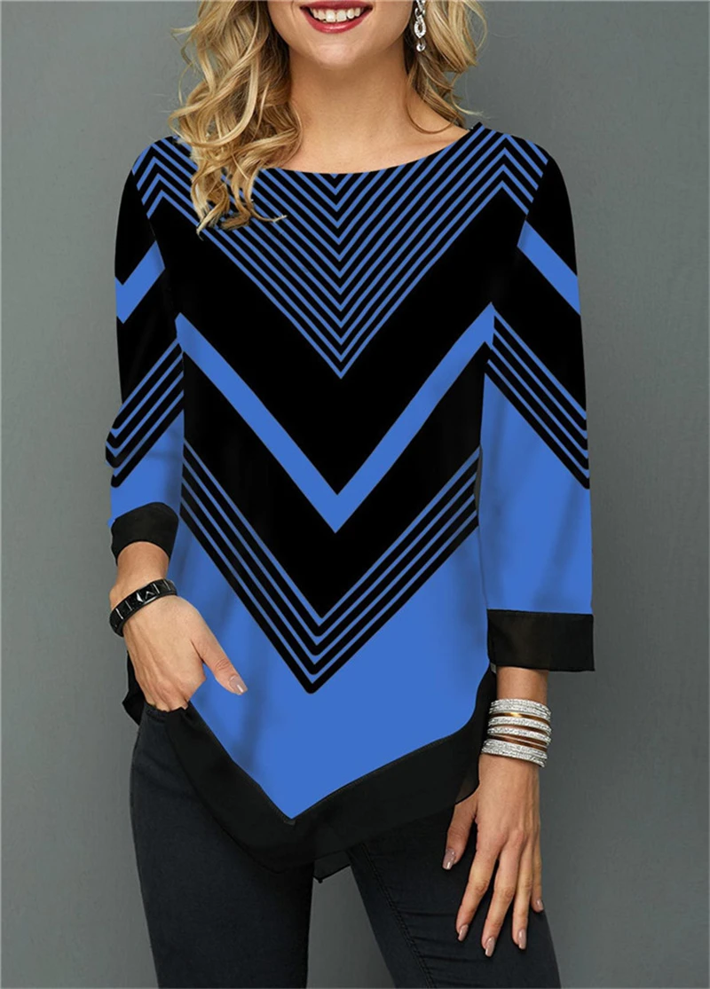 Женские футболки размера плюс полосатая печать неровный подол свинг семь рукав