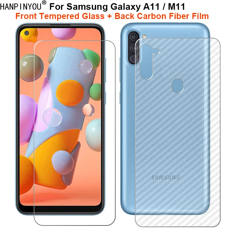 

1 комплект = мягкая задняя пленка из углеродного волокна для Samsung Galaxy A11 / M11 6,4 дюйма + ультратонкое прозрачное закаленное стекло для переднего экрана
