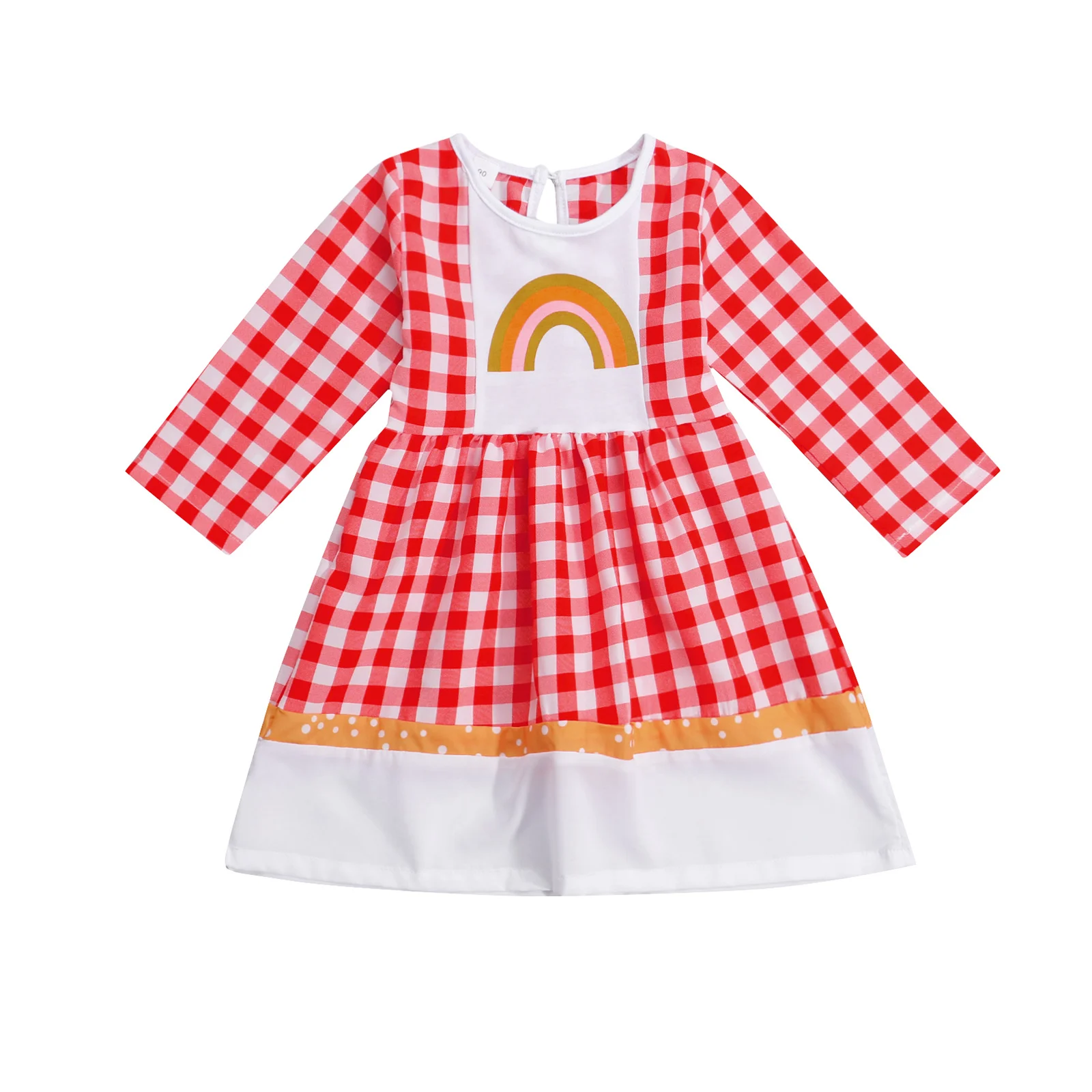 

2021 Summer Baby Princess Long Sleeve Dress with Plaid Rainbow Pattern High Waist Version Spring Clothing