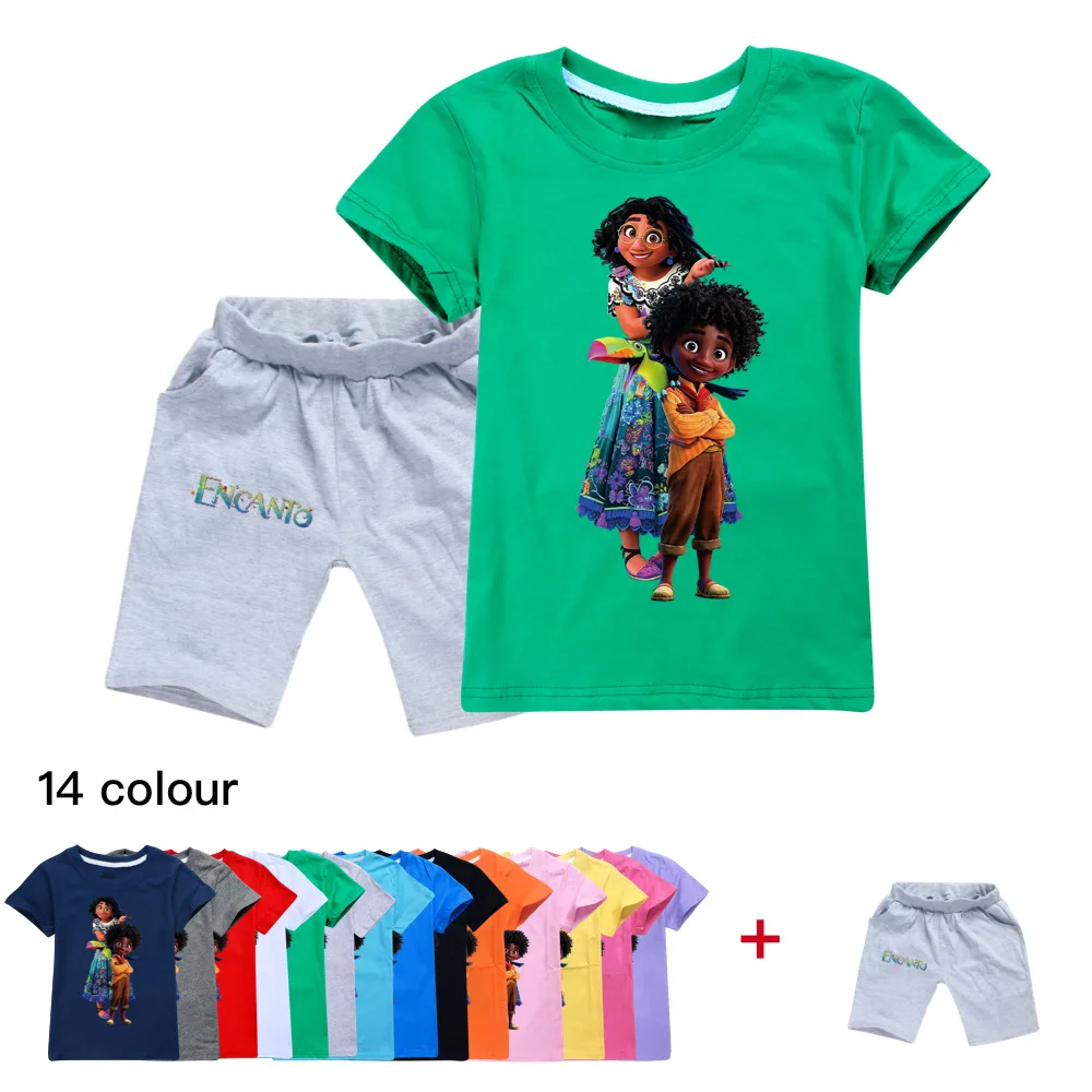 

Disney Encanto Boys Girls Summer Cartoon Printed Multicolor Cotton Casual Short Sleeve T+ Pants Set 3-14 Years Old