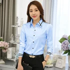Женская офисная блузка, Повседневная белая или синяя рубашка с отложным воротником и длинным рукавом, топ в Корейском стиле