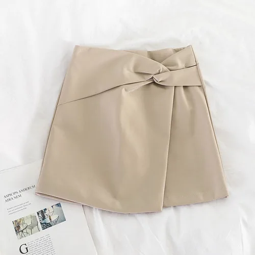 apricot skirt Woherb/элегантная мини-юбка для женщин с высокой талией, однотонные юбки из искусственной кожи в Корейском стиле, модная новинка, Faldas Mujer 90631 - Цвет: apricot skirt