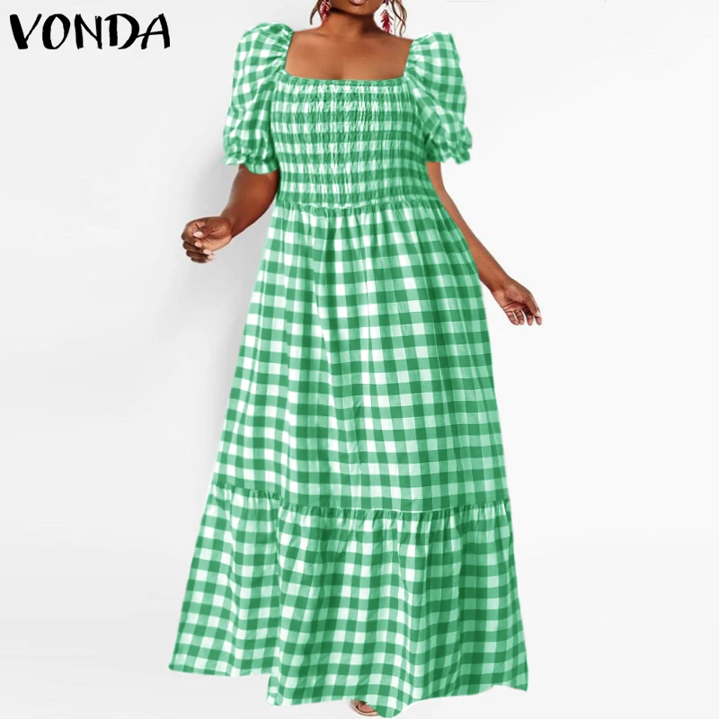 

2022 летнее клетчатое платье VONDA, женское богемное сексуальное длинное винтажное платье макси с коротким рукавом и квадратным вырезом, праздн...