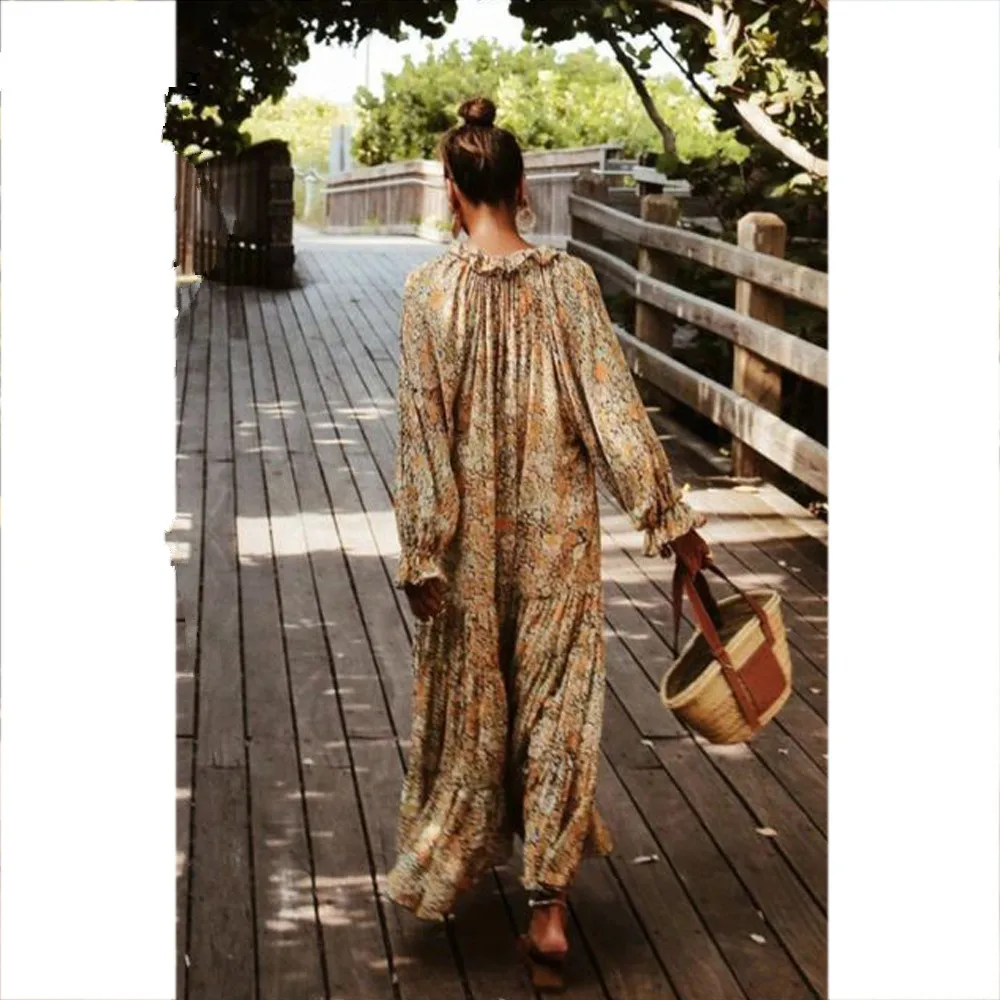 

2021 Long Sleeve Bohemian Loose Dresses Femme Plus Size Women Elegant Long Maxi Dress Vintage Flower Print Summer Beach Dress