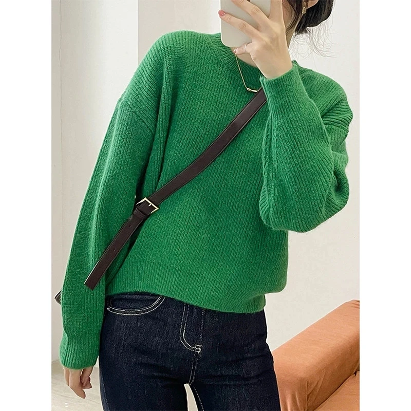 

Осенний зеленый трендовый свитер, женский джемпер в Корейском стиле, Топ с длинным рукавом, Свободный вязаный свитер, пуловер 2021