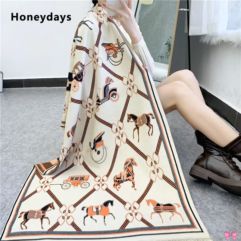 

New Luxury Brand Vintage Carriage Print Cashmere Scarf Warm Thick Blanket In Winter Vacation Shawl Pashmina Foulard Head Scarves
