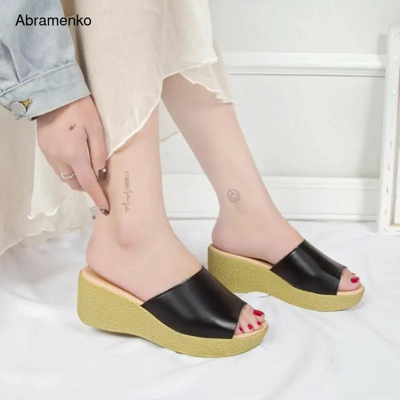 

Women Summer Sandals Chunky High Heels Wedge Black Shoes Thick Bottom Woman Gladiator PU Leather Peep Toe Ladies Plus Size 35-42
