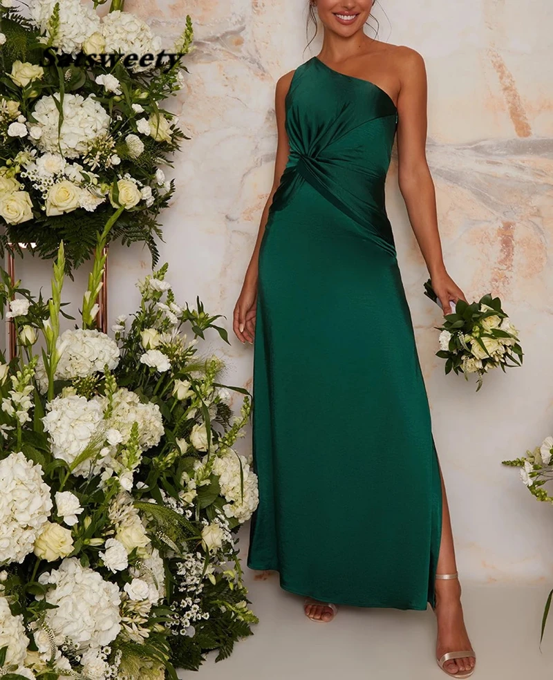 

Satin Long Bridesmaid Dresses 2021 One Shoulder Robe De Soirée De Mariage Sheath Wedding Guest Dress
