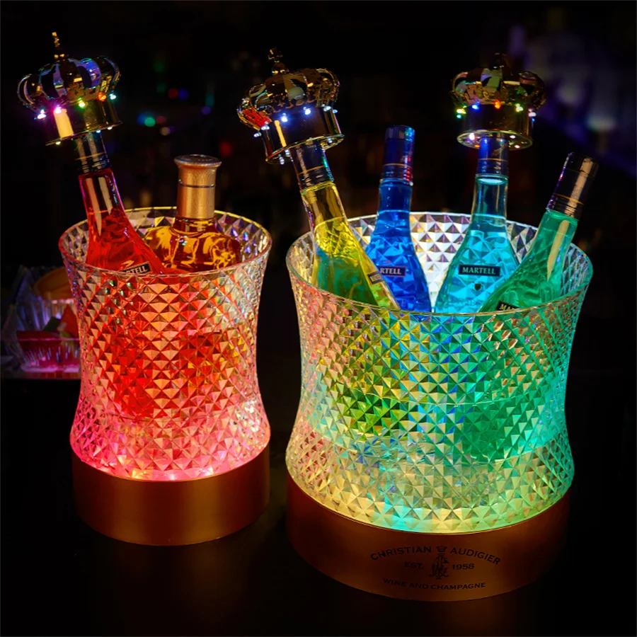 7 Color Changeable LED Ice Bucket Transparent Acrylic Plastic Champagne Barrel Light Drink Beer Cocktail Bucket KTV Bar Luminous