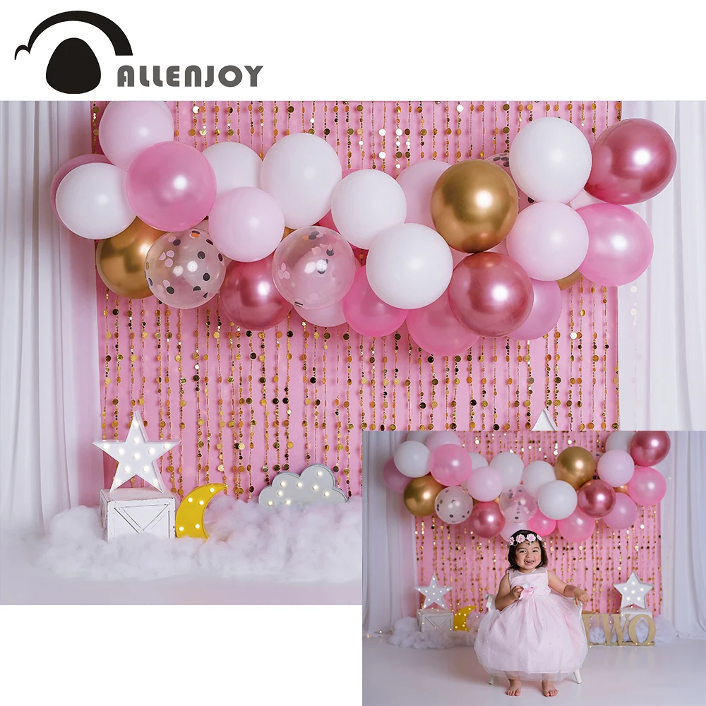 Allenjoy Cake Smash Pink Balloons Photography Background For Photo Studio Baby Shower Girl Birthday Photozone Star Moon Banner