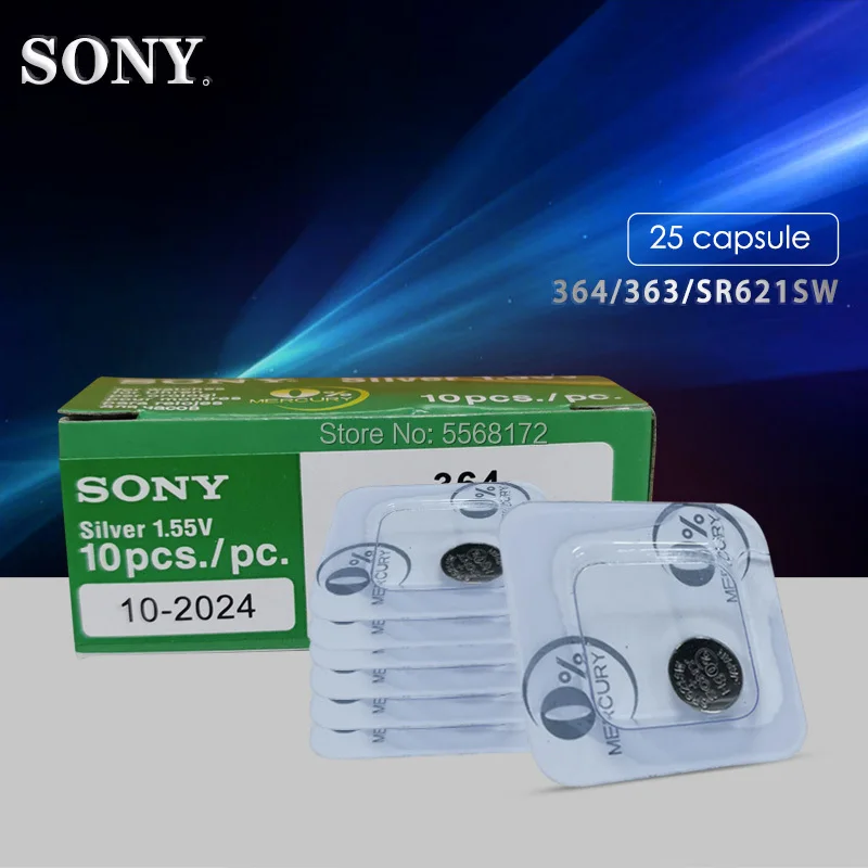 

Оригинальная Однослойная упаковка Sony, 25 шт./лот, 1,55 в, аккумулятор из оксида серебра для часов 364 SR621SW V364 SR60 SR621 AG1, Кнопочная Монетка
