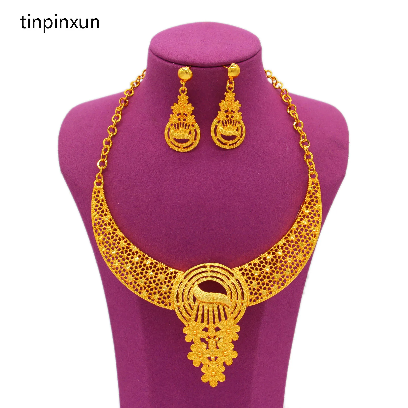

PINXUN 24K золотой сет Дубай Цвет набор украшений для женщин ожерелье серьги Роскошные Ювелирные наборы Африканский индийский невесты для свад...