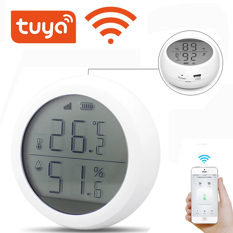 Датчик температуры и влажности Tuya с Wi-Fi Alexa Google встроенный зуммер 55 дБ ЖК-дисплей