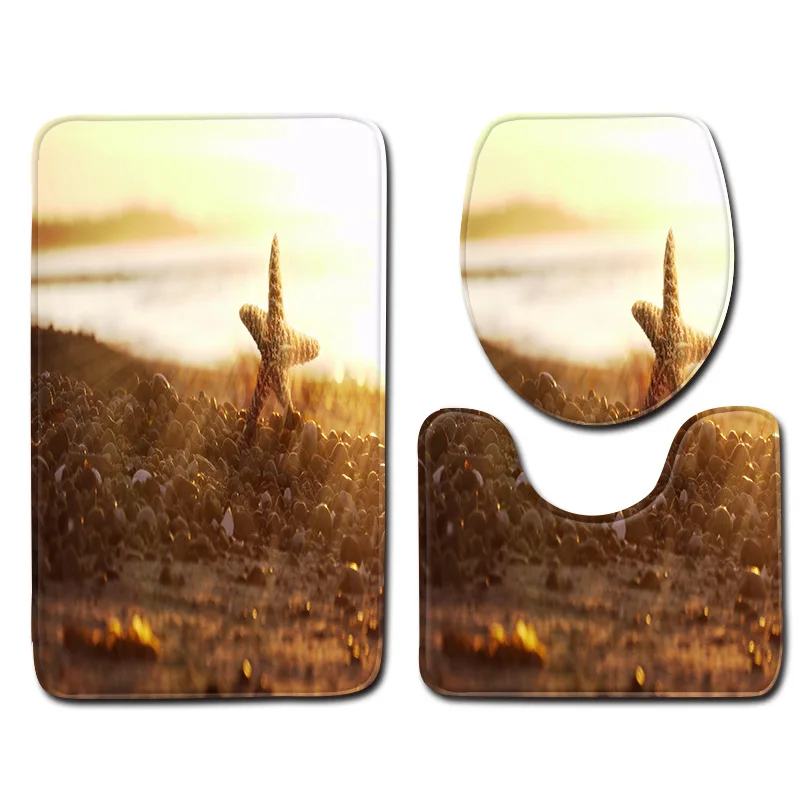 

3D Toilet Set Non-slip Bathroom Toilet Pedestal Rug Toilet Lid Cover Mat Absorbent Shower Carpet 3pcs Beach Printed Bath Mat Set