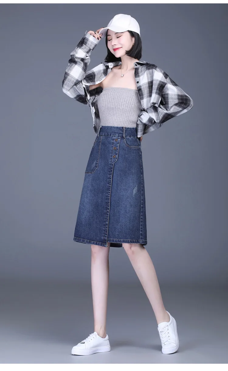 

Women High Waist Knee-length Denim Skirt Plus Size Slim Casual Office Elegant Straight Bodycon Jean Skirts Spring Summer Y330