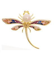 delightful pave clear cz set imitated pearl head colored enamel dragonfly broach pins insect jewelry for loved ones girlfriend