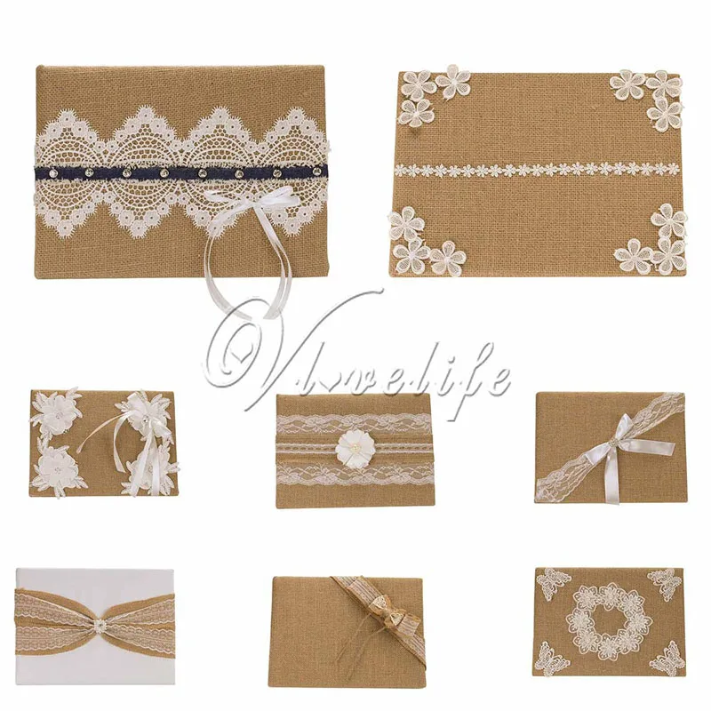Vintage Burlap Wedding Guest Book With Lace Bow for Birthday Party Reception Decor 25x16cm Home Gifts | Дом и сад