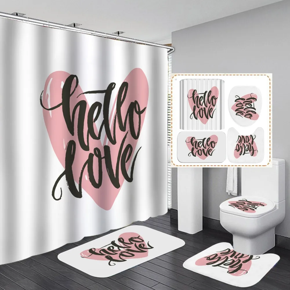 

Pink Hello Love Heart Shower Curtain With Non Slip Rug Mat Bathroom Curtains Waterproof Polyester Bathroom Curtain with Hooks