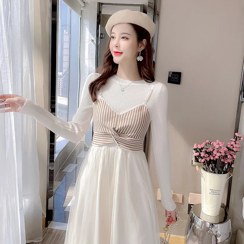 

Autumn And Winter 2021 Sweet Mesh Stitching Knitted Fake Two-Piece Dress Female Slim Slimming Base Skirt