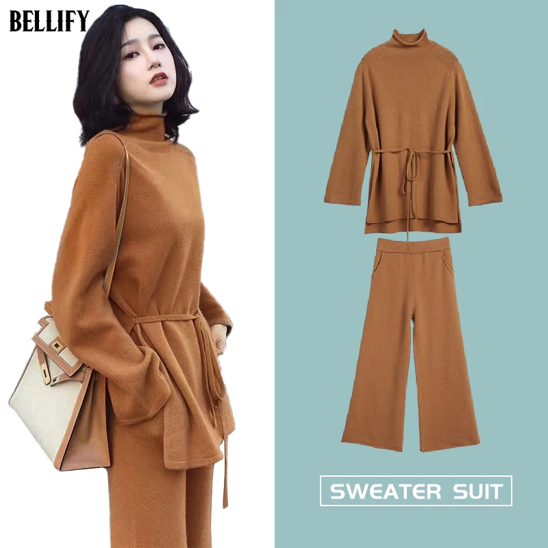 Женский костюм из Свитера и брюк комплект двух предметов вязаный пуловер с V