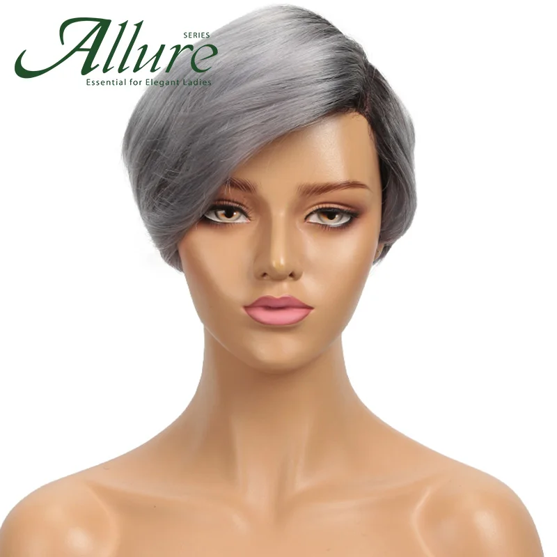 Perucas de Cabelo Curto para Preto Feminino em Linha Peruca com Franja Peruca do Laço Humano Cinza Reta Pixie Corte t Parte Completa Máquina Cabelo Brasileiro Allure