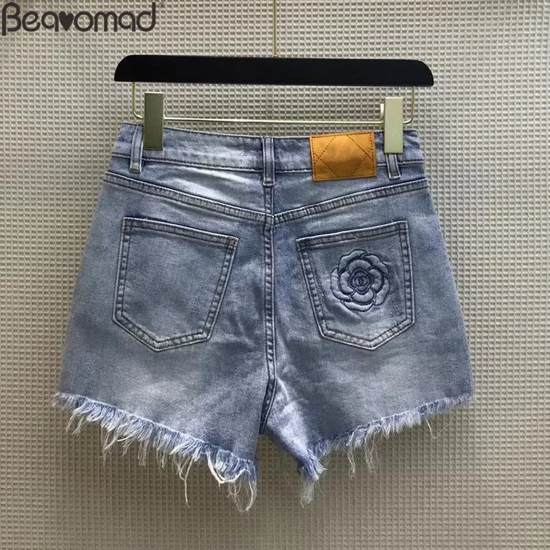 Bearomad 2021 Summer Women Blue Casual Denim Shorts Trim High Waist Slim Wash Bottoms Party Denim Edging Shorts