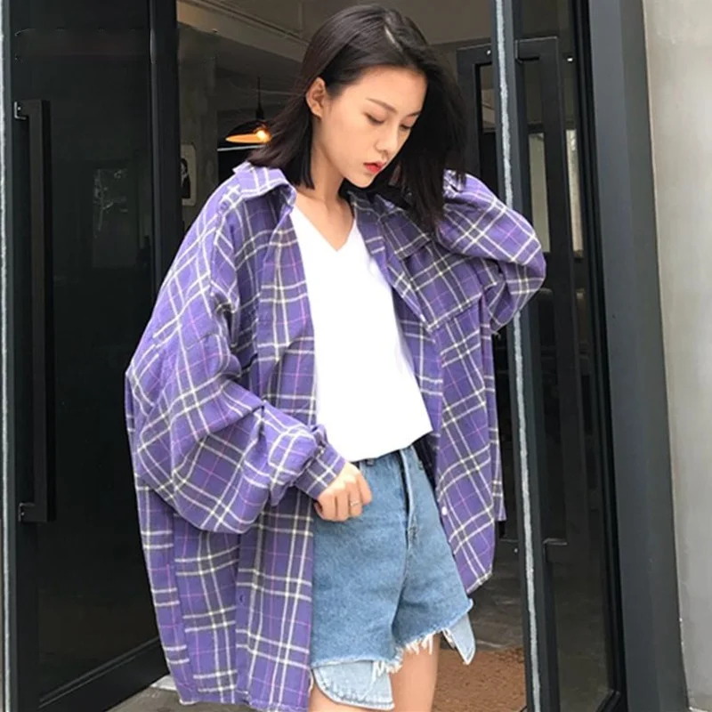 

Shirts Women Long Sleeve Loose Plaid Harajuku Korean Style Fashion Single Breasted Sunscreen School Students Womens Shirt Daily