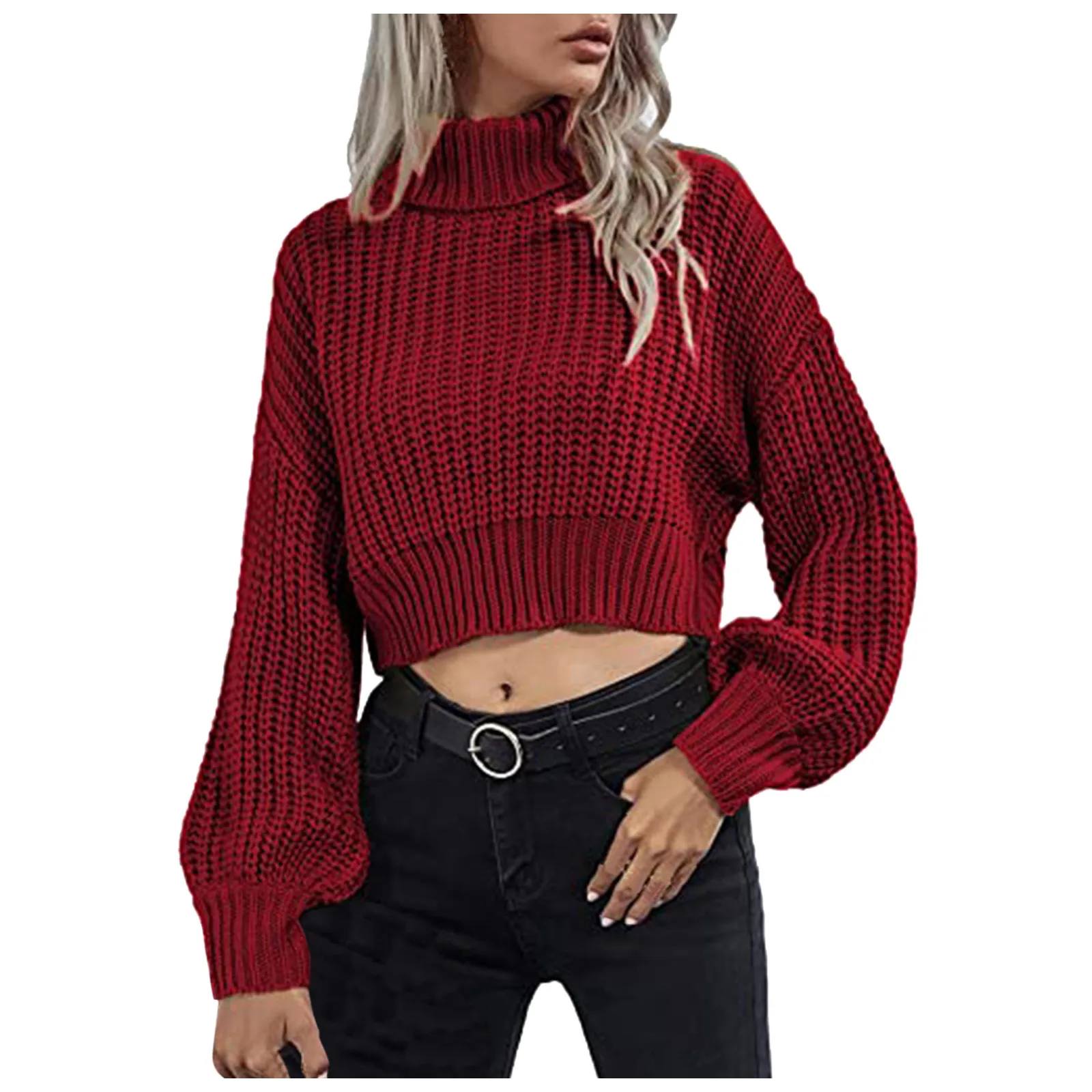 

Turtleneck Sweaters Sexy Navel Bare Cropped Tops Women Autumn Winter Ribbed Loose Jummers Knitted Pullovers Short Solid Sweaters