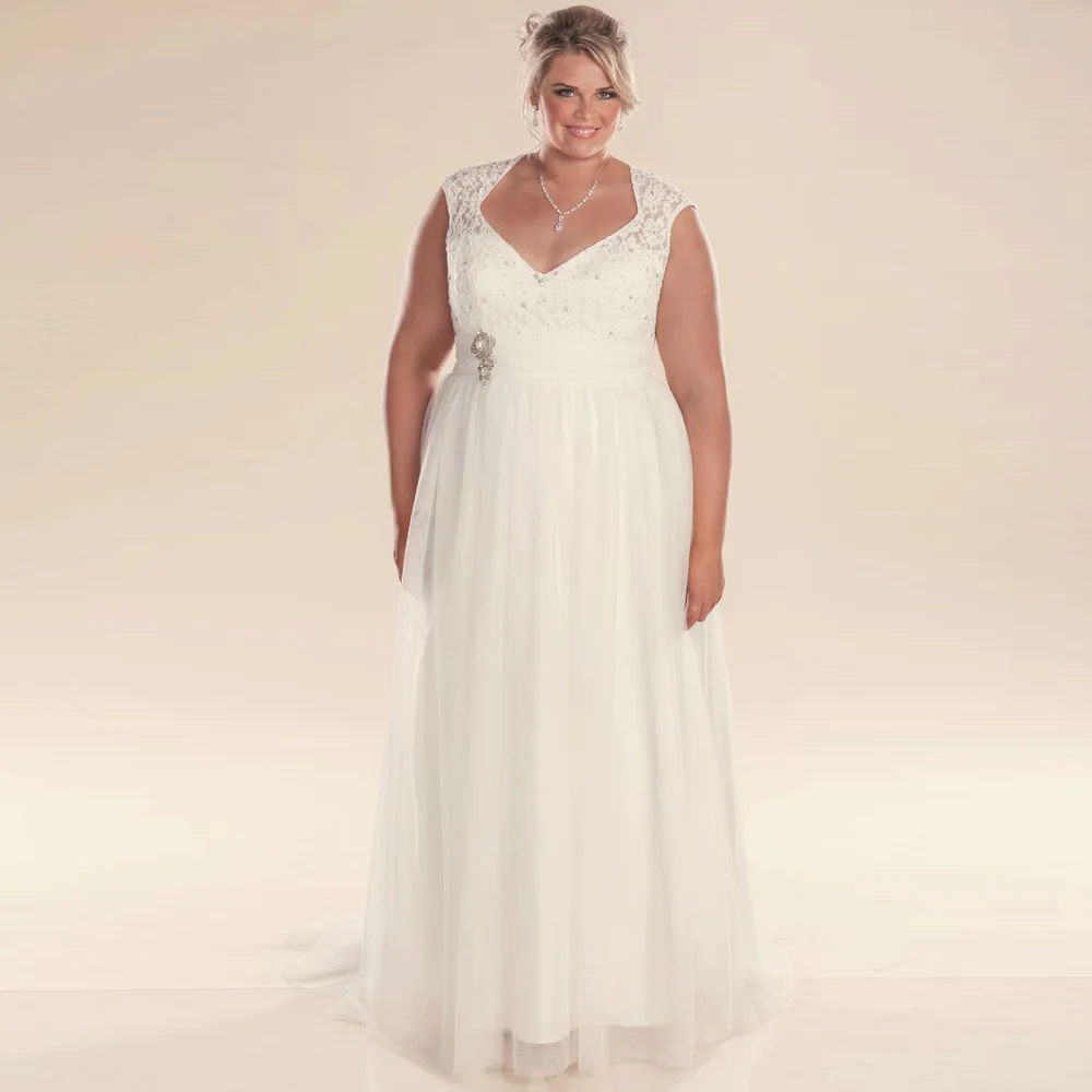 

Classic Plus Size Wedding Dress Elegant Cap Sleev V Neck Lace Beading Tulle Sweep Train Bridal Gowns Vestido De Noiva