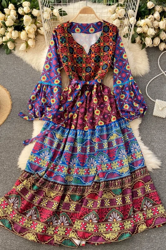 

2021 Spring Korea Fashion Women Elegant Bohemian Print V-Neck Puff Sleeve Long Dress Vestido De Mujer J203