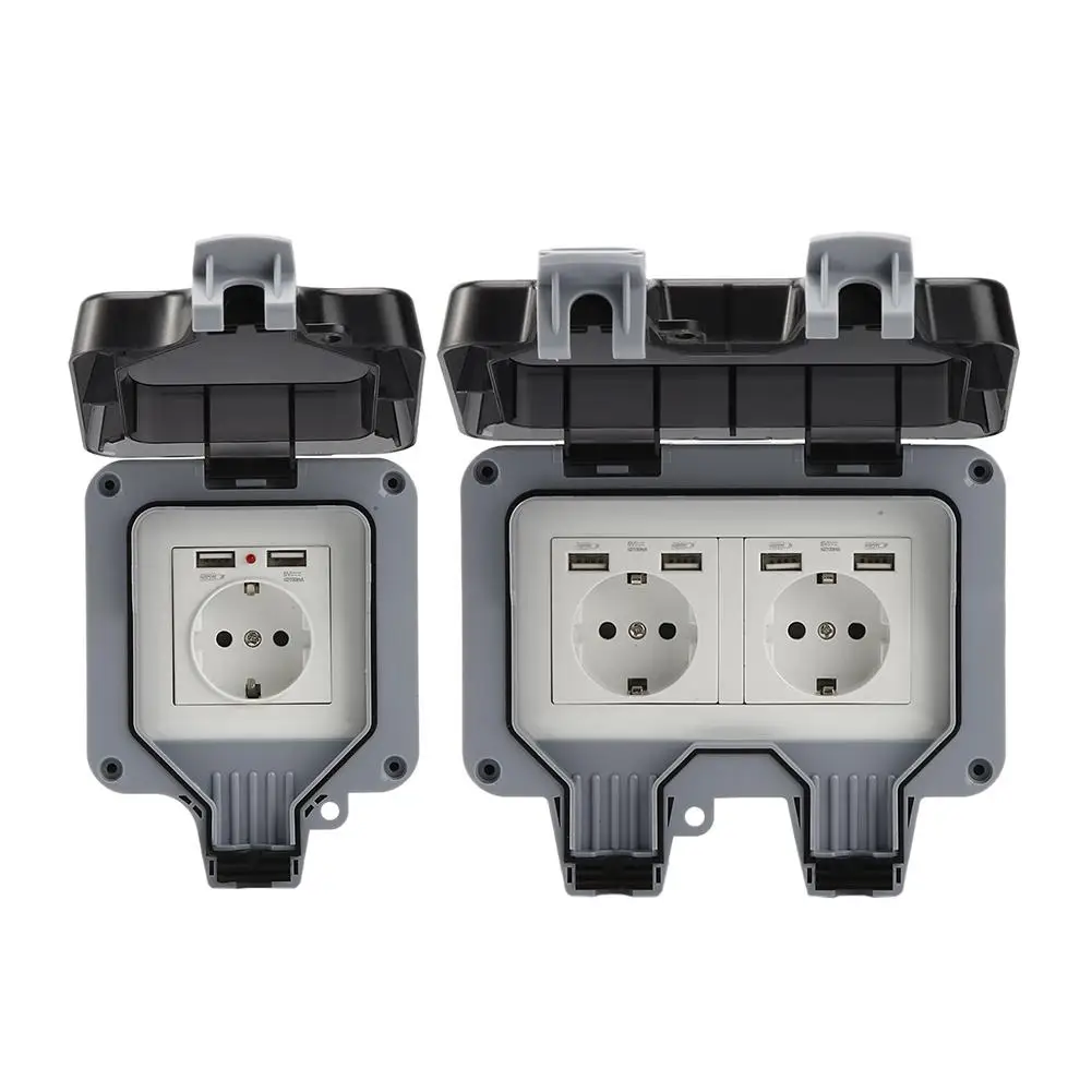 

Outdoor Socket ABS Ip66 Waterproof Case EU Plug Wall Power Socket Box Single/ Double Charging Port For Garden Workshop Home